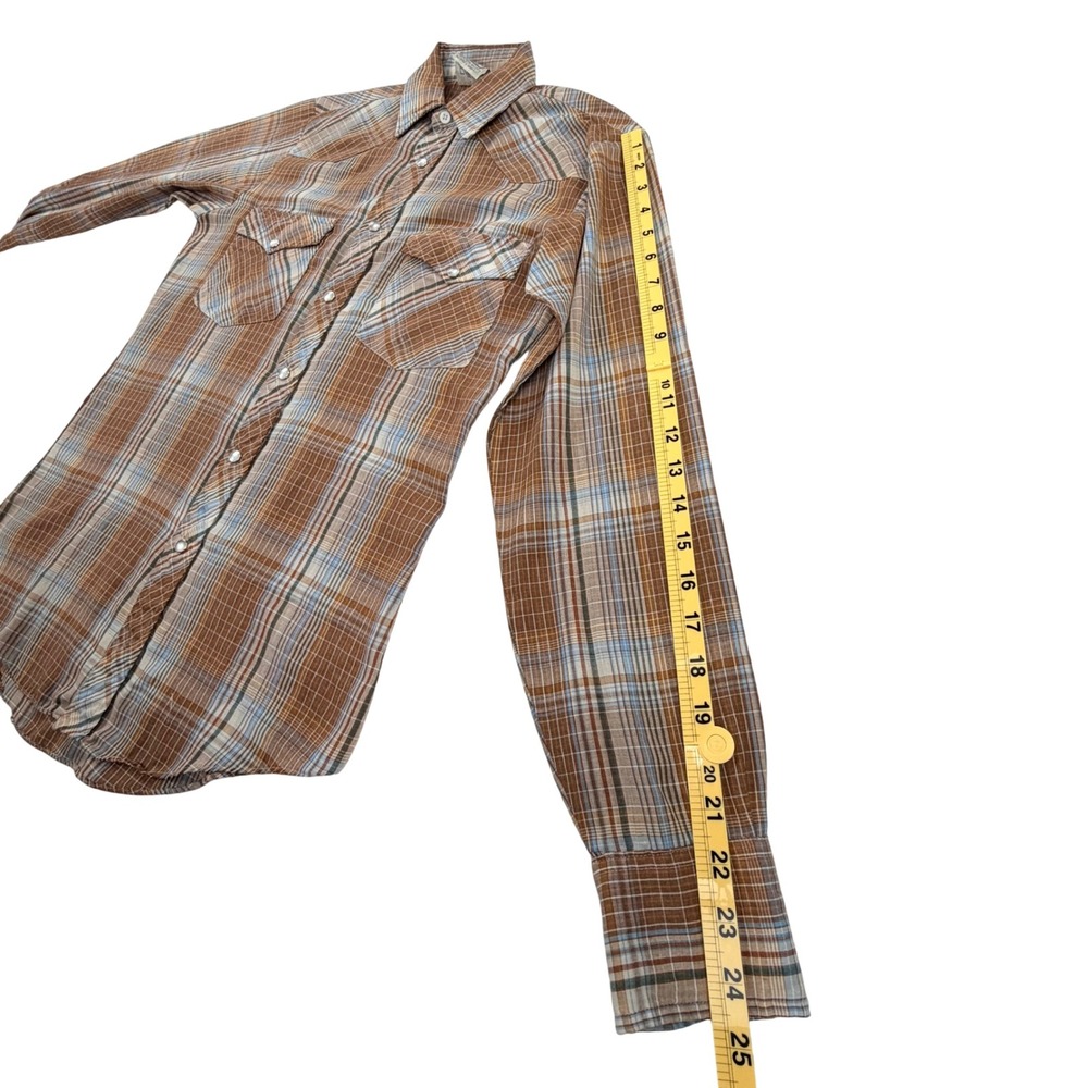 Saturdays California Western Pearl Snap Men SMALL Brown Plaid 70s 80s Vintage - Picture 7 of 9